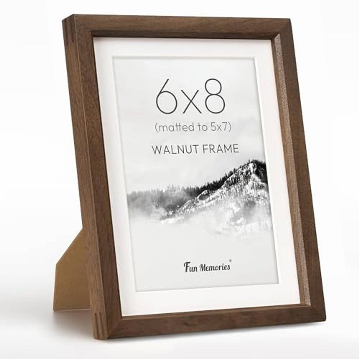 6x8 dark walnut picture frame with white mat and photo print, standing display