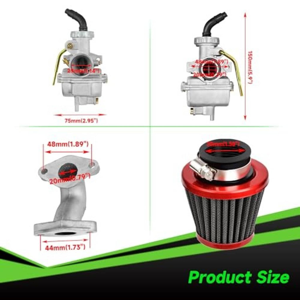 Carburetor and air filter kit with size diagram showing key measurements