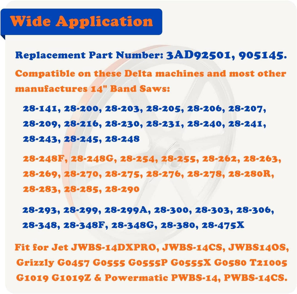 Urethane band saw tire compatibility chart with orange tire-loop graphic