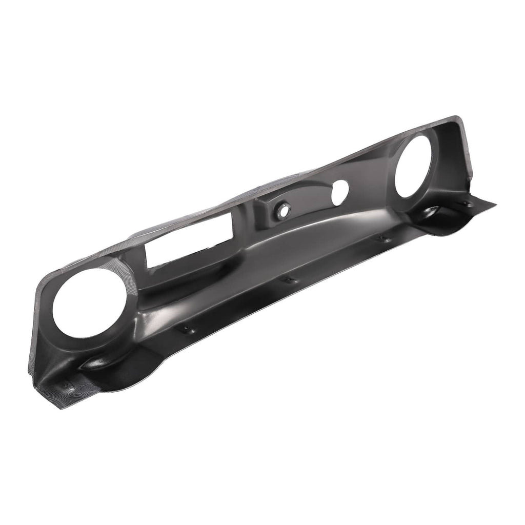 Black dash cover with two circular openings and center rectangular window, textured finish