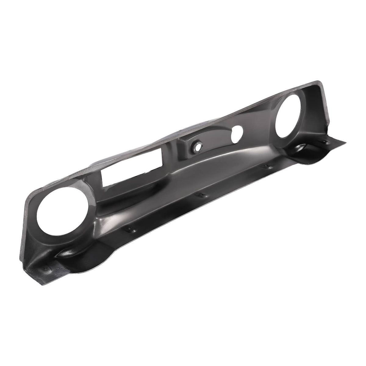 Black dash cover with two circular openings and center rectangular window, textured finish