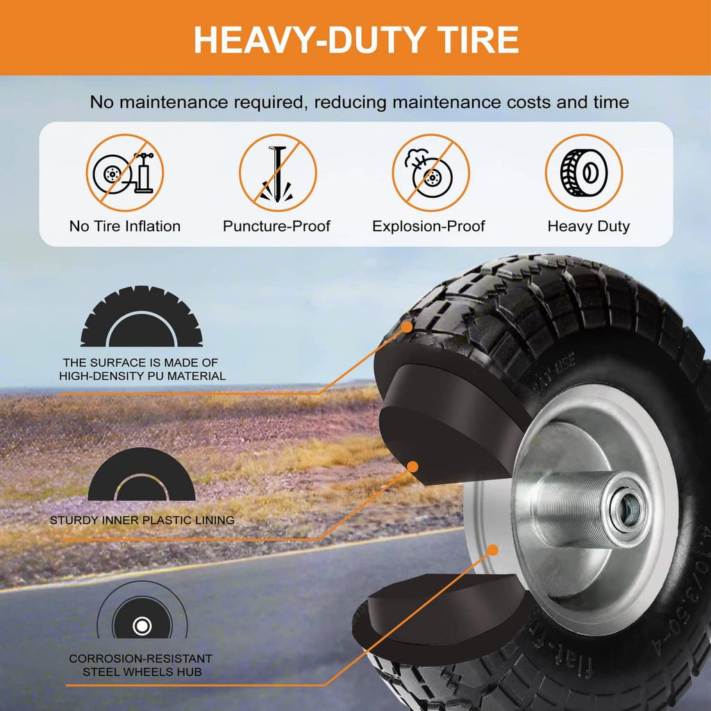 Black solid tire with silver wheel hub, heavy tread blocks and thick sidewall
