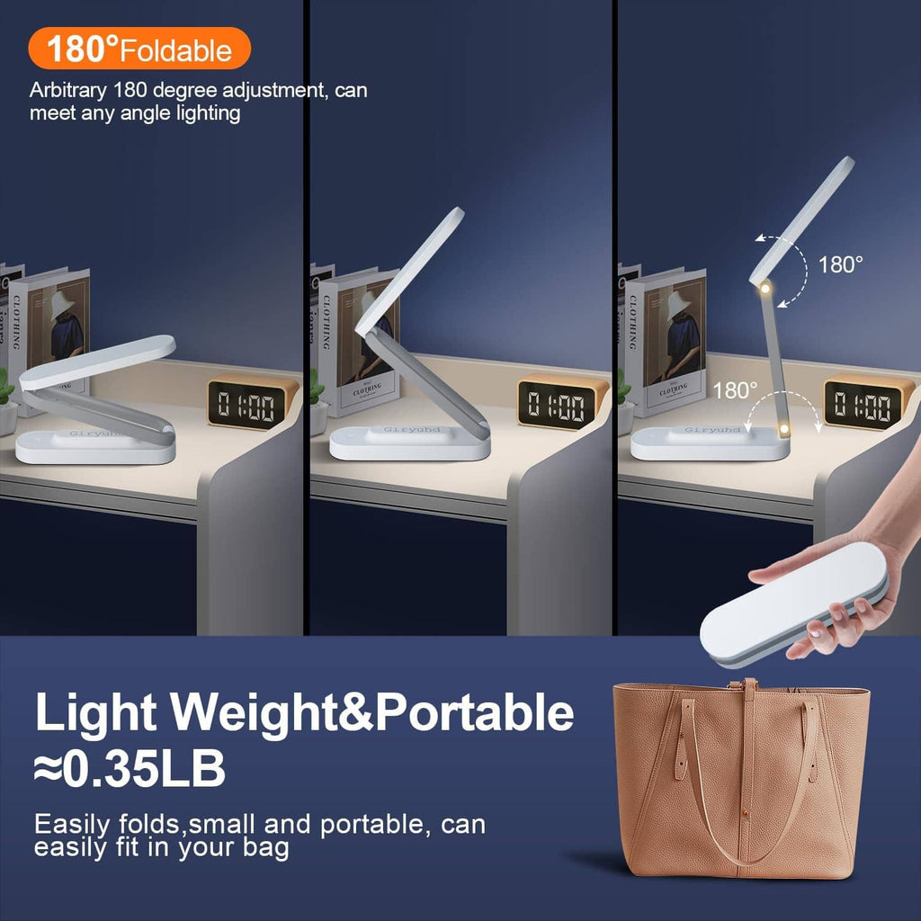 Portable white foldable LED desk lamp with highly adjustable head and glowing light
