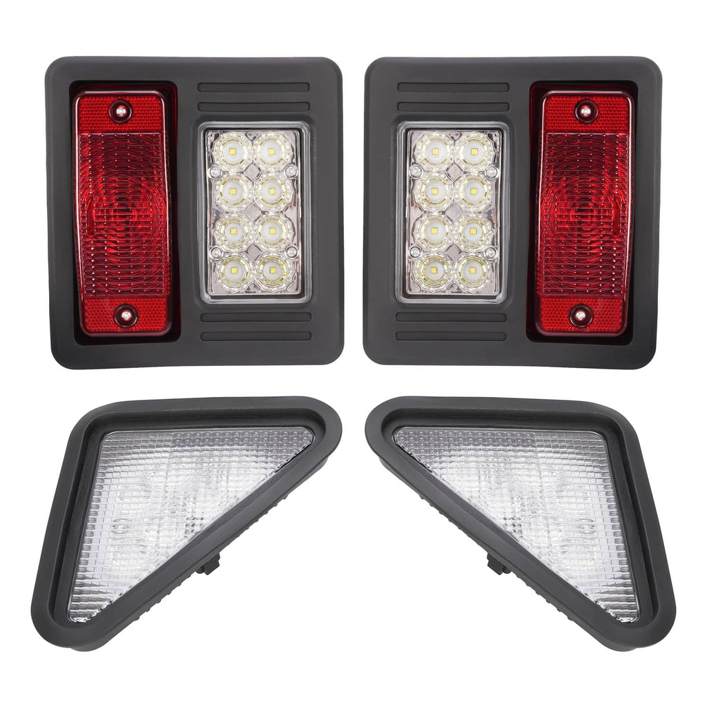 Rectangular LED light modules with red side lenses and clear center LEDs plus two clear triangular reflectors