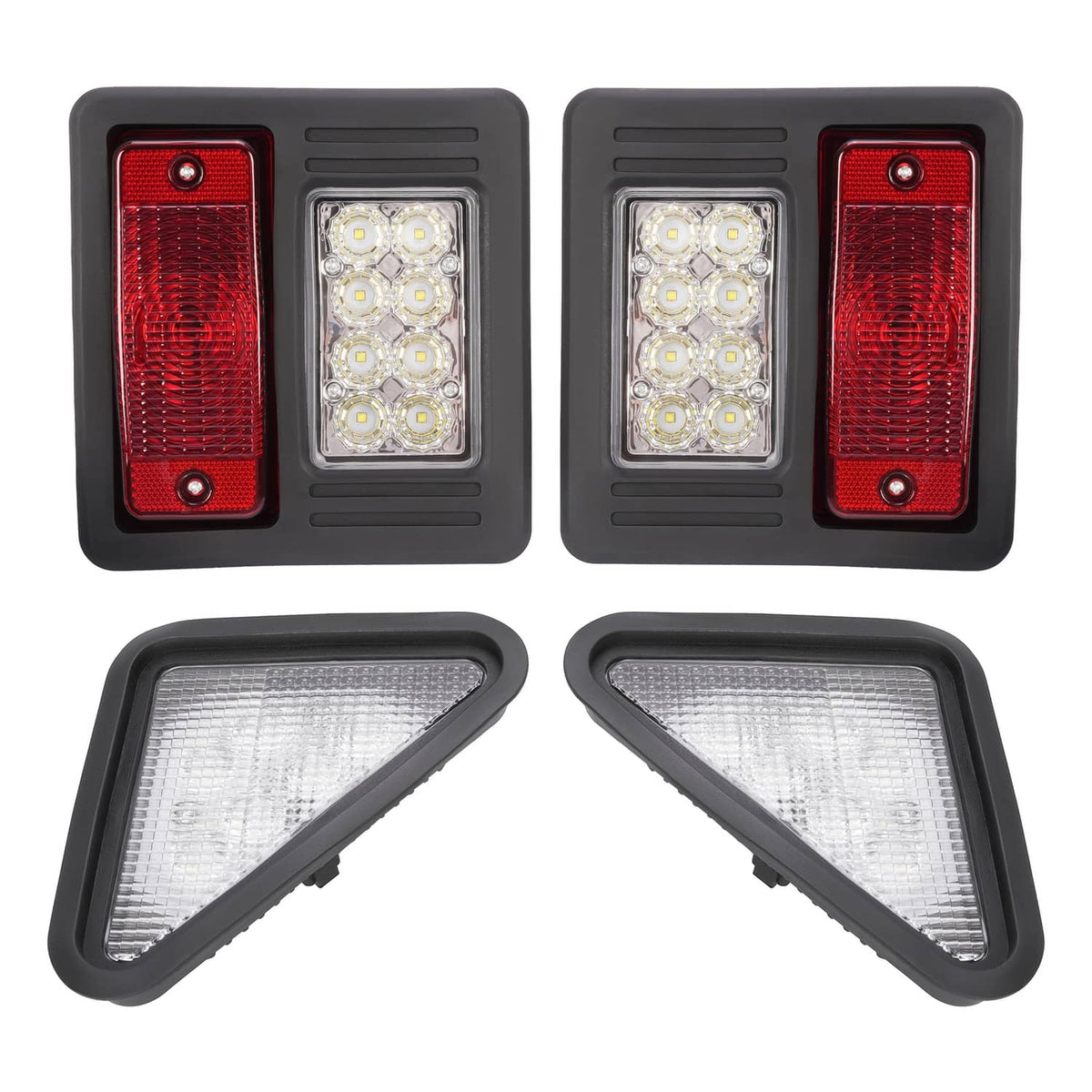 Rectangular LED light modules with red side lenses and clear center LEDs plus two clear triangular reflectors