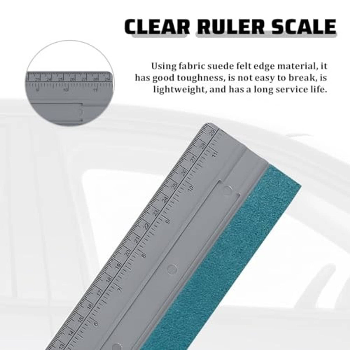 Car window felt squeegee with gray straightedge ruler markings and blue felt strip