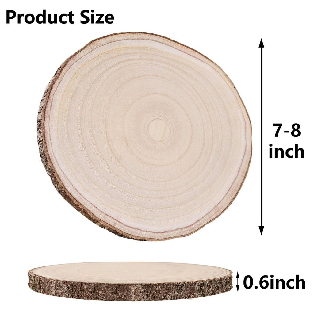 Natural round wood slice size chart: 7–8 in diameter, 0.6 in thickness