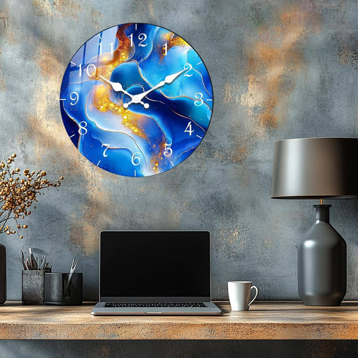 Blue marble round wall clock with white hands, gold highlights, and prominent numeral markers