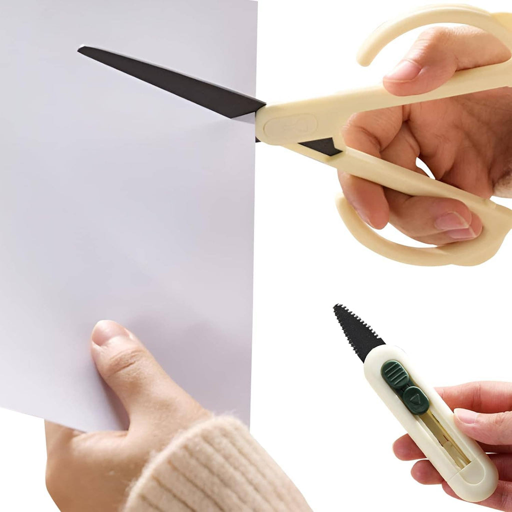 Cream magnetic box opener with hand grip and attached dark cutting blade.