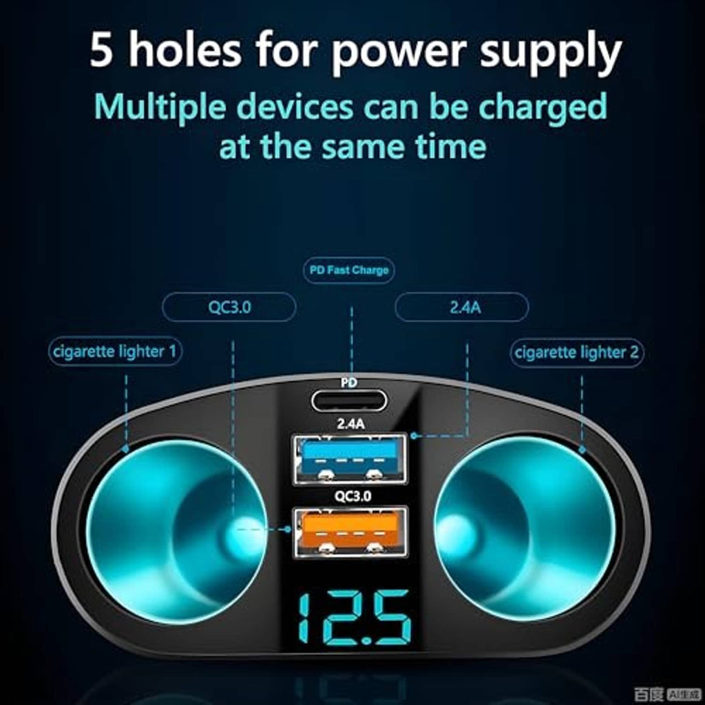 Black multi-device cigarette lighter adapter with twin blue ports and 12.5 volt display