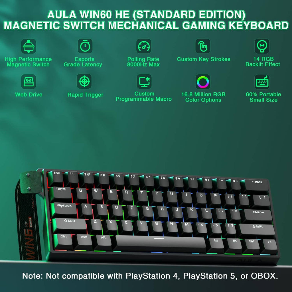 Black 60% gaming keyboard with RGB backlight and magnetic switch mechanical keys