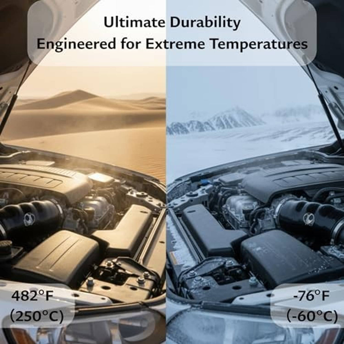 Black 90-degree silicone elbow hose shown in extreme temperature durability comparison