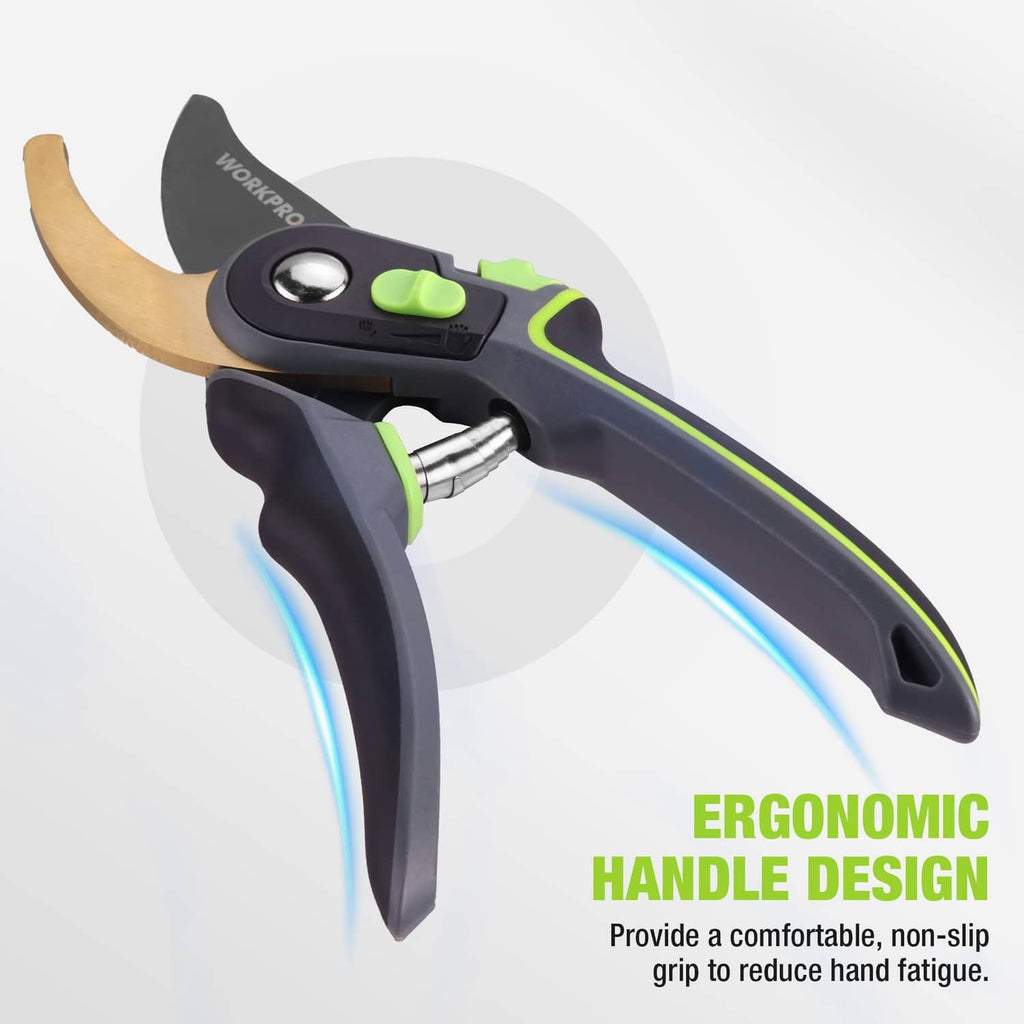 Bypass pruning shears with ergonomic non-slip grips, black body with green trim