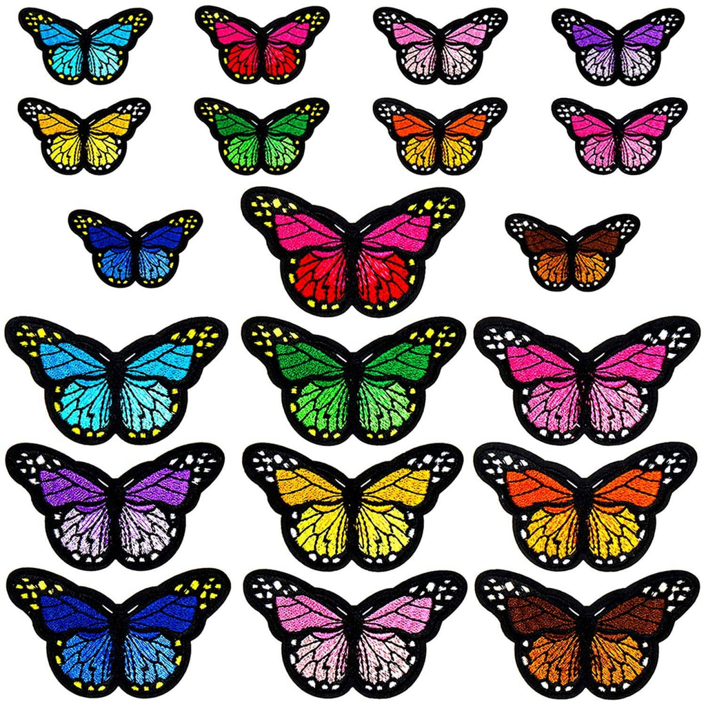 Assorted butterfly iron-on patches with embroidered multicolor wings, black border
