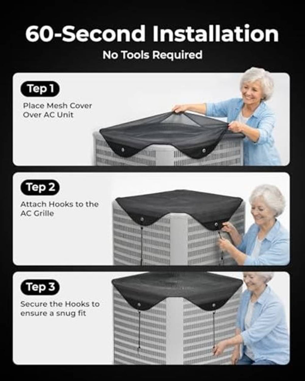 Black mesh AC cover installation with elastic hooks and grommets for a snug fit