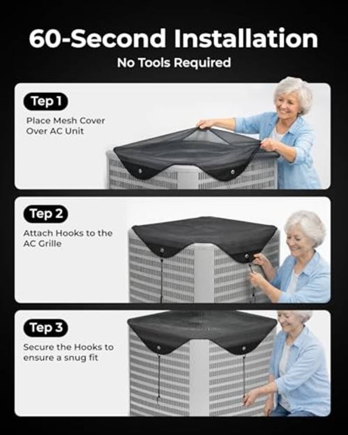 Black mesh AC cover installation with elastic hooks and grommets for a snug fit