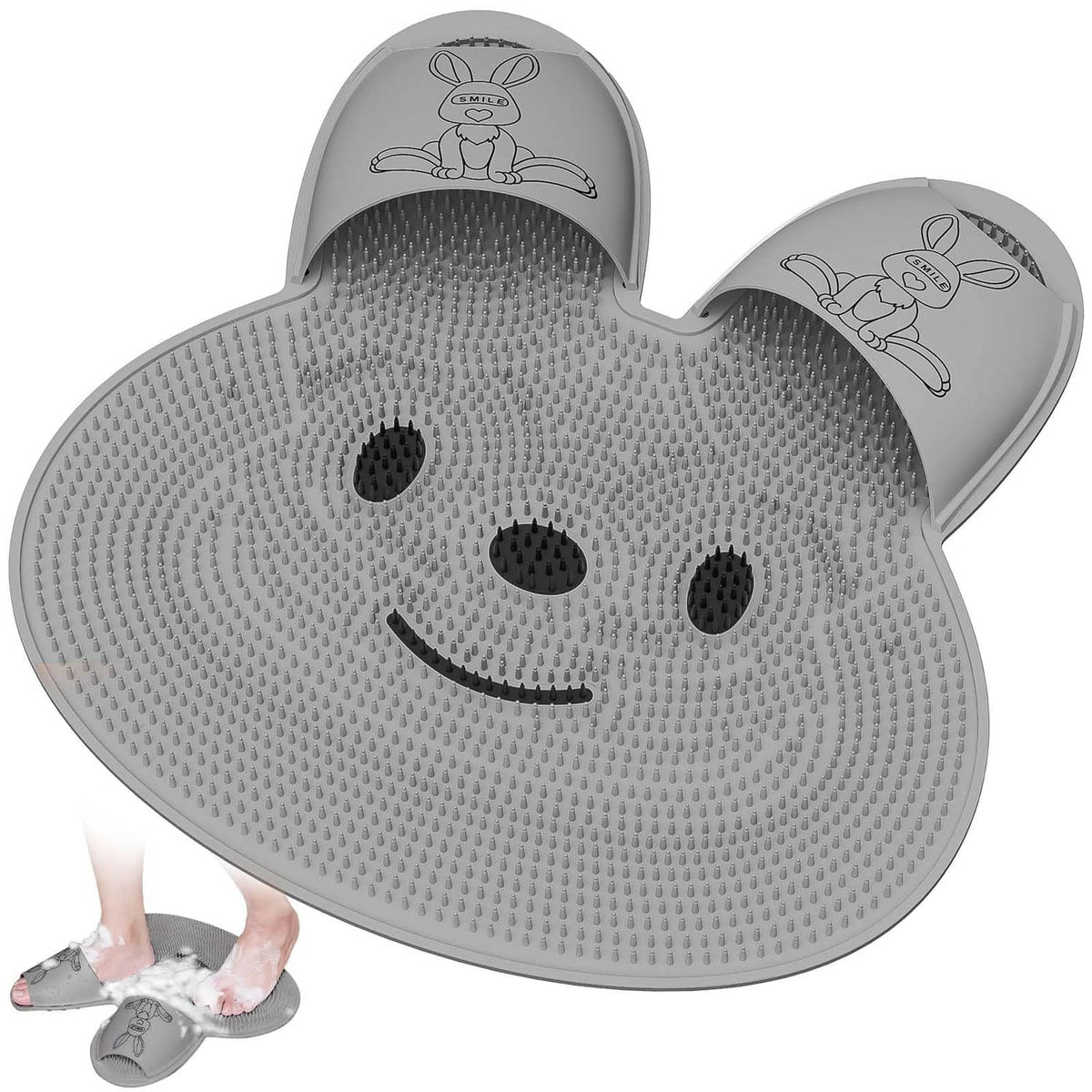 Gray rabbit-shaped shower foot scrubber mat with textured silicone bristles and suction bumps