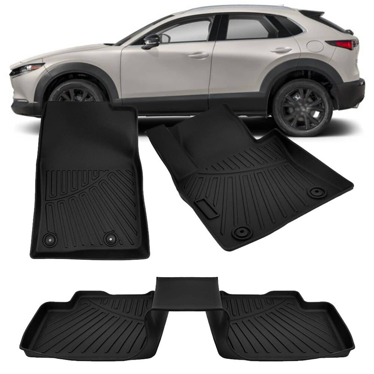 Black TPE floor mats with raised channels and corner shaping for vehicle footwells.