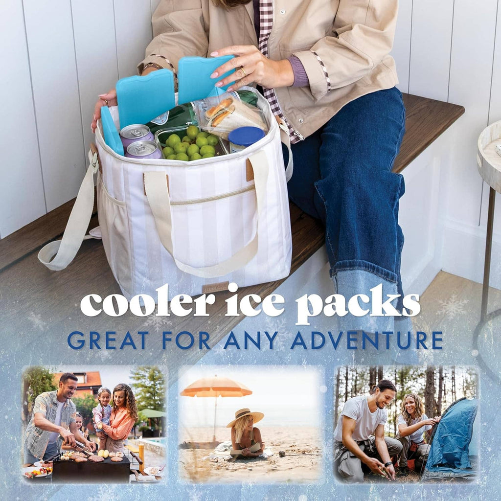 Blue reusable slim ice packs placed inside an open insulated cooler bag
