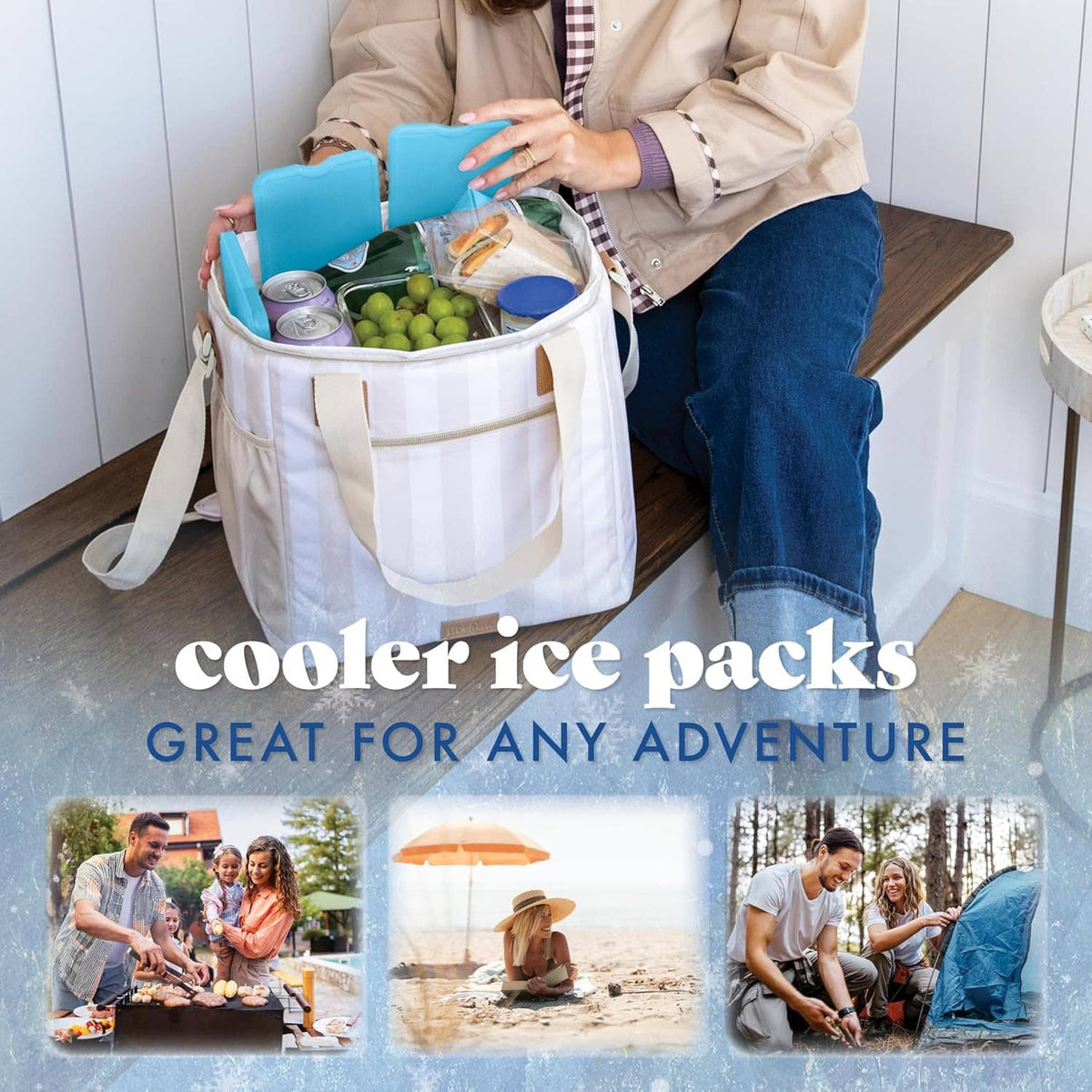 Blue reusable slim ice packs placed inside an open insulated cooler bag