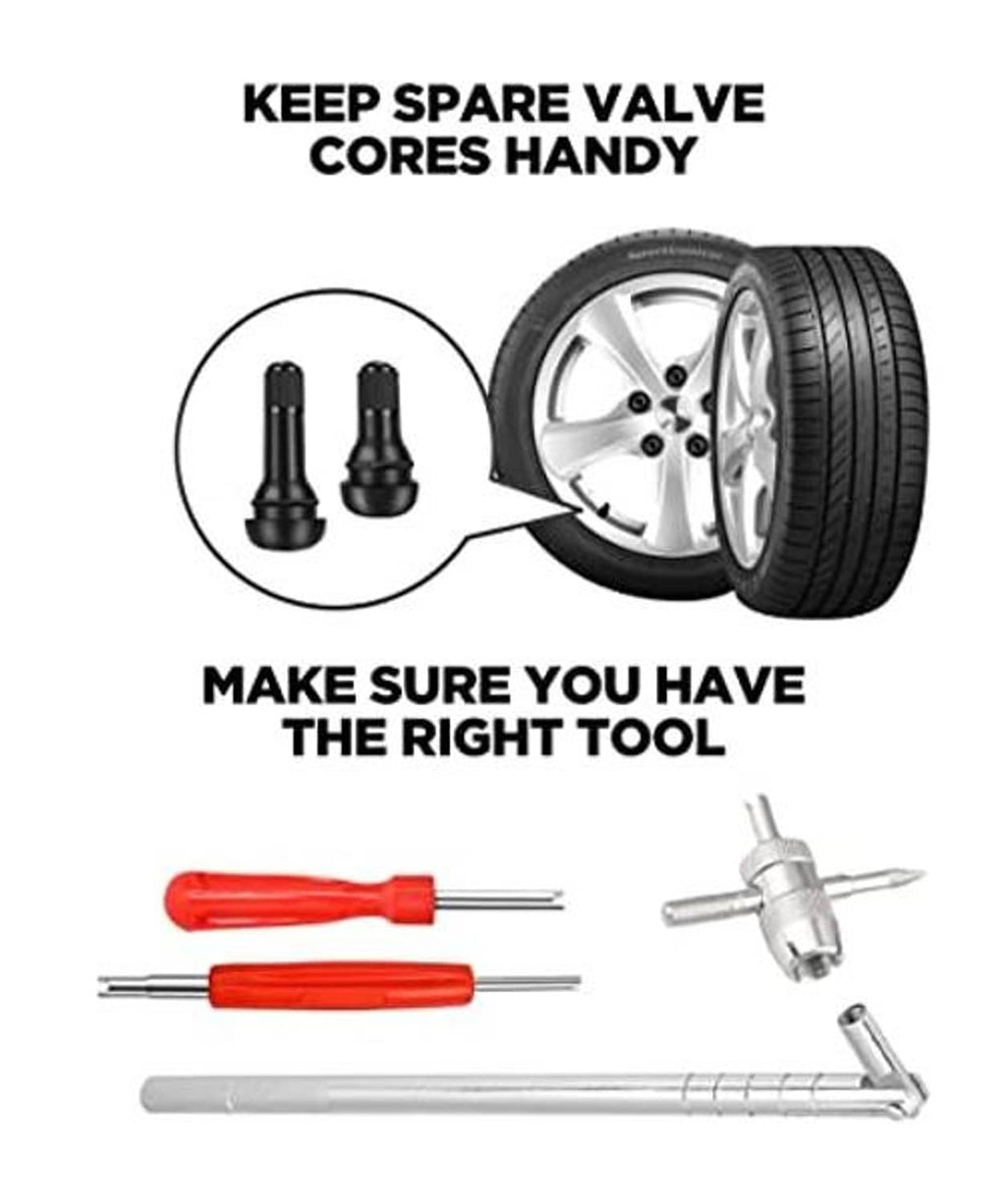 Valve core puller set with black valve cores, red handle tools, and metal valve tool