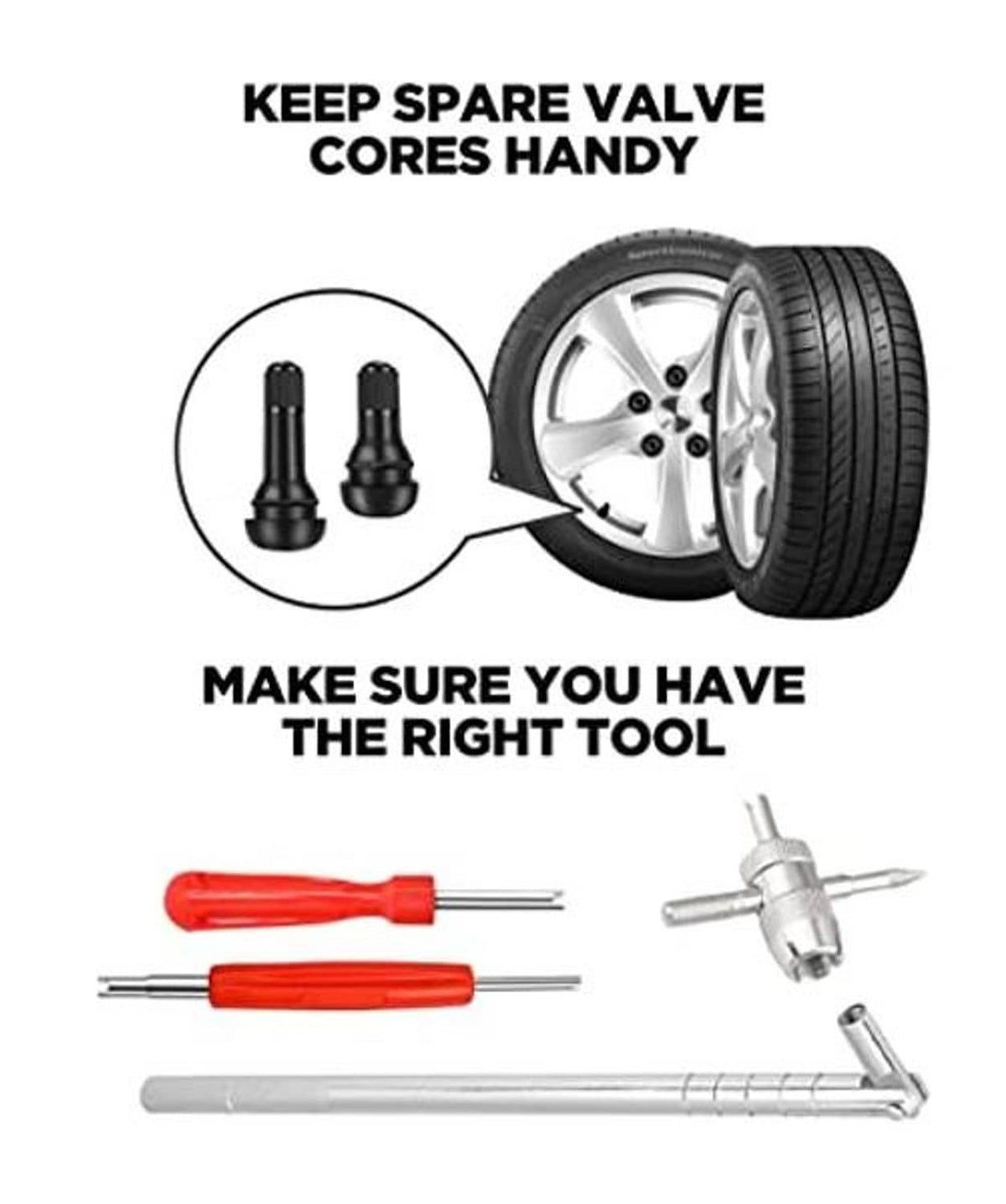 Valve core puller set with black valve cores, red handle tools, and metal valve tool