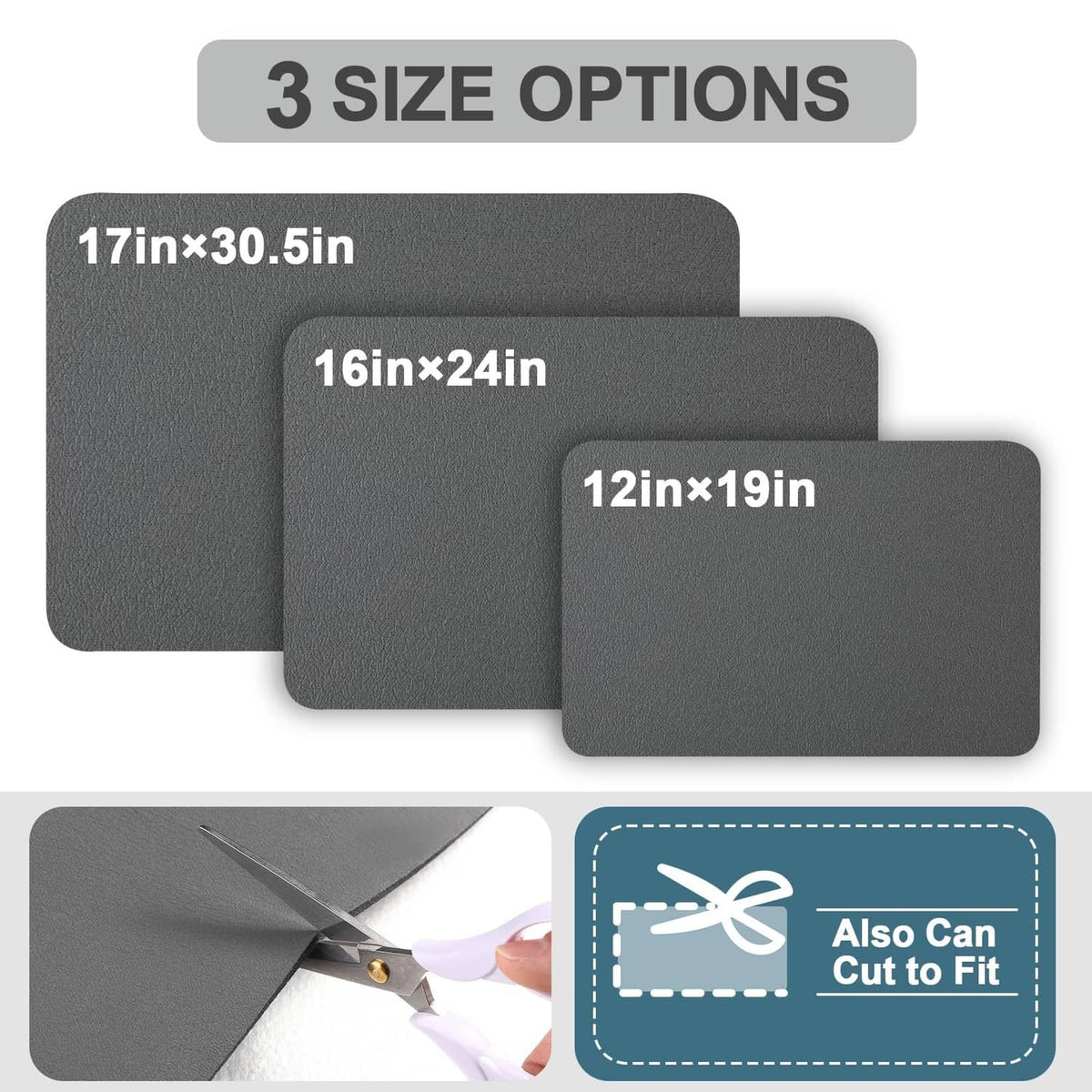 Dark gray coffee mat options shown in three rectangular sizes