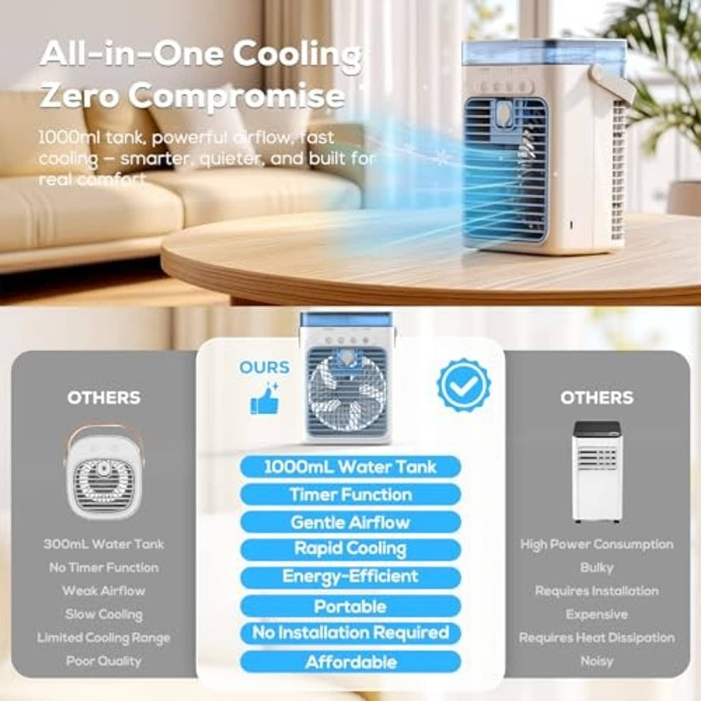 Portable evaporative air cooler on tabletop with blue water tank window and vents.