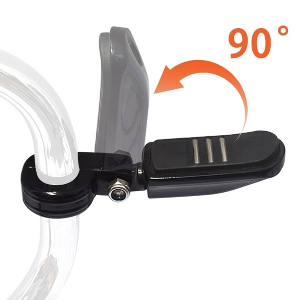 Black adjustable highway footpeg with ridged pad and pivoting clamp joint