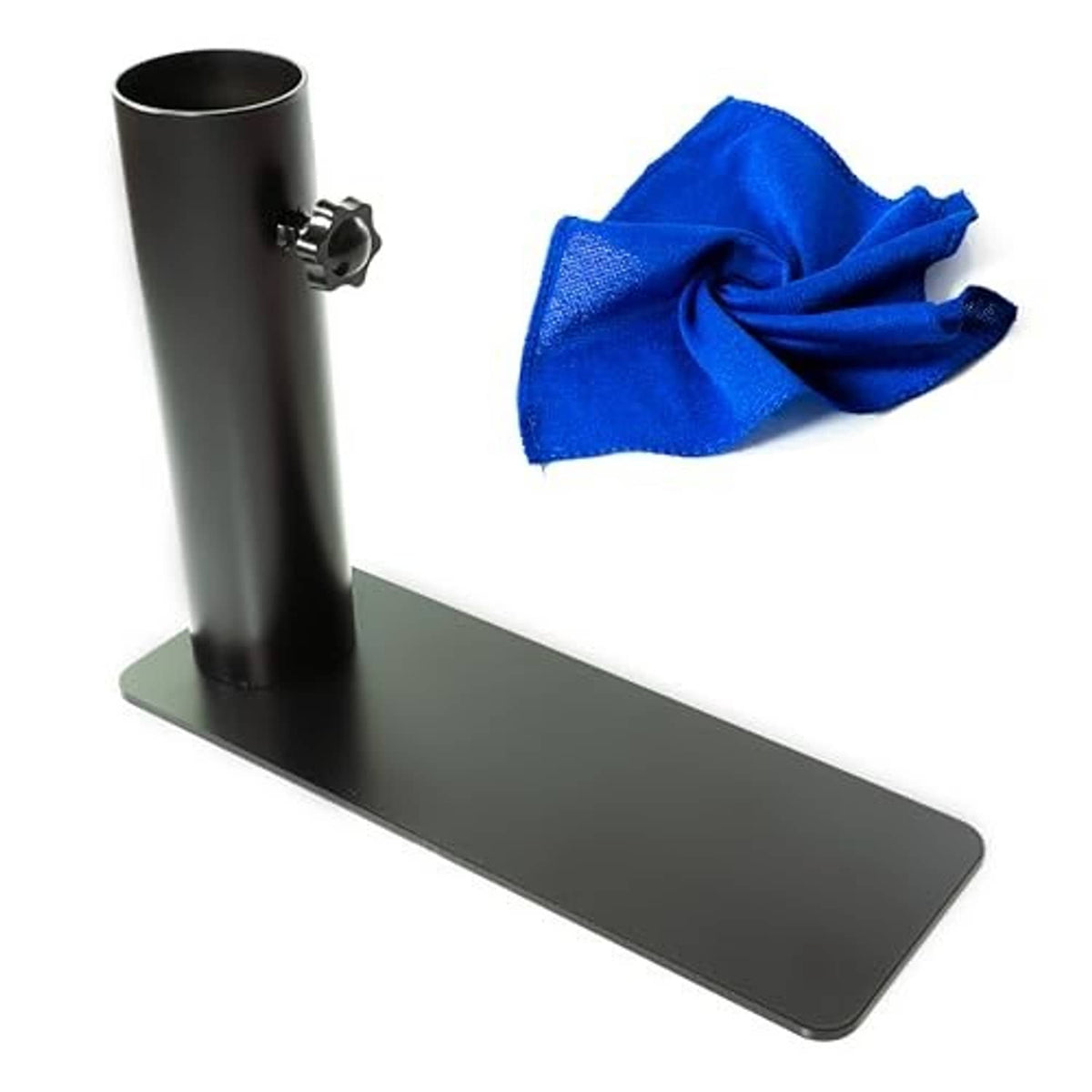 Black tire mount stand with upright tube and flat base plate