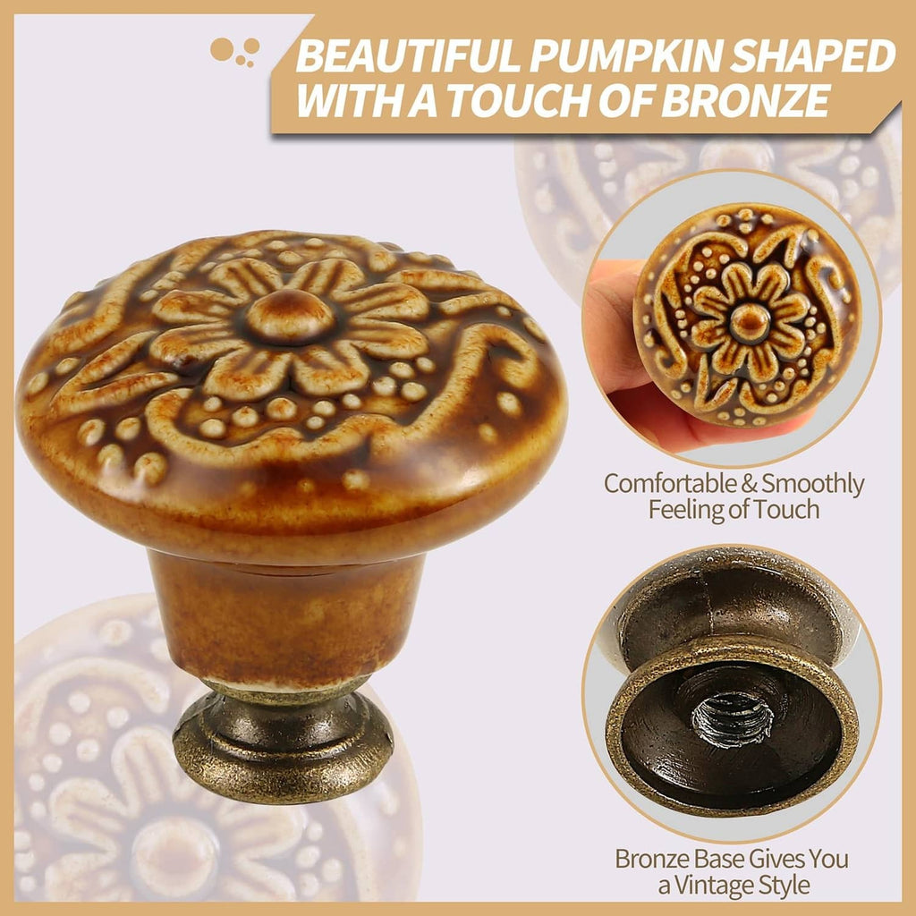 Brown ceramic flower drawer knob with detailed petal pattern and screw fitting