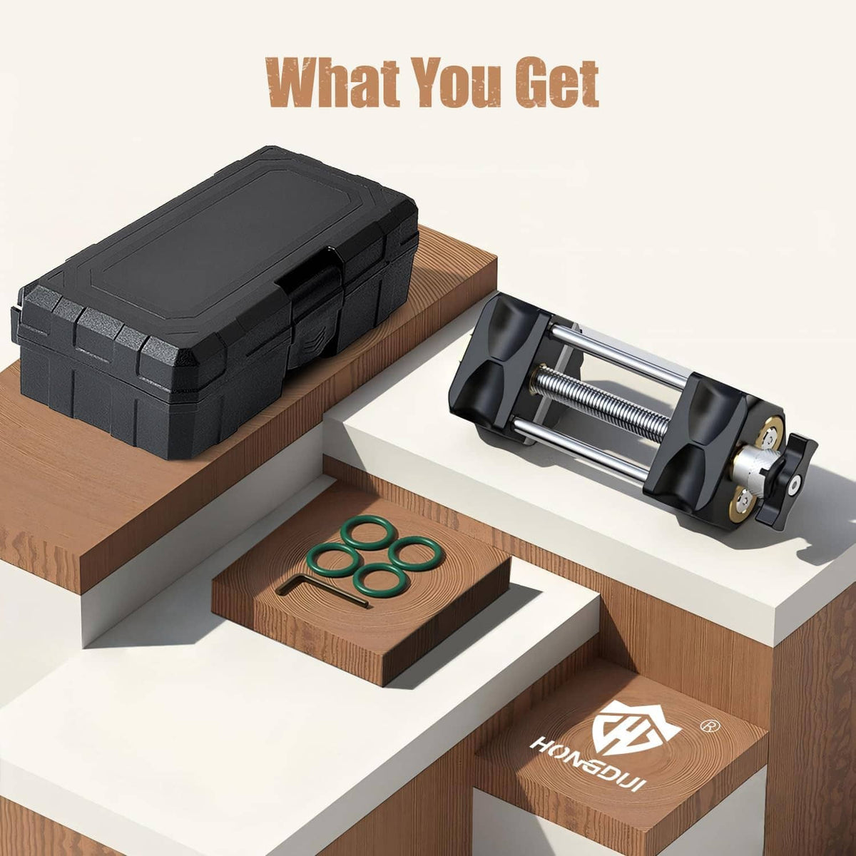 Honing jig kit with black case, metal roller clamp, and included spare parts