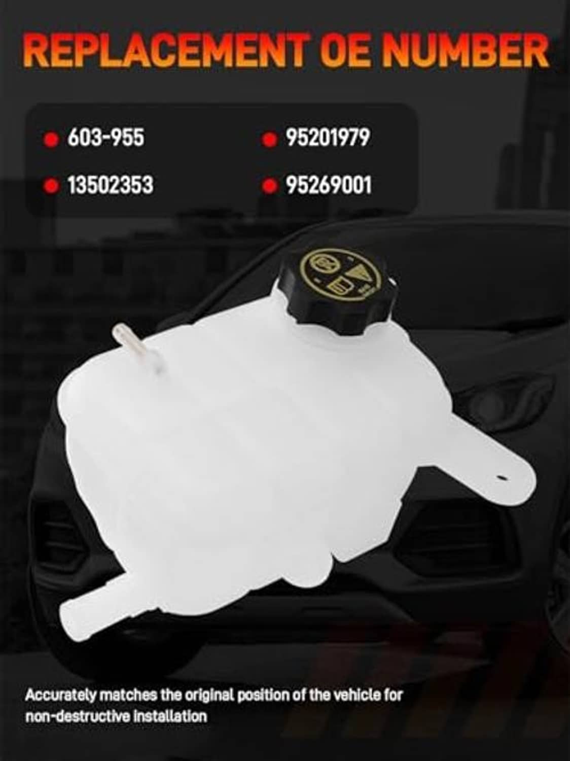 Engine coolant reservoir tank, white plastic with black cap and side port