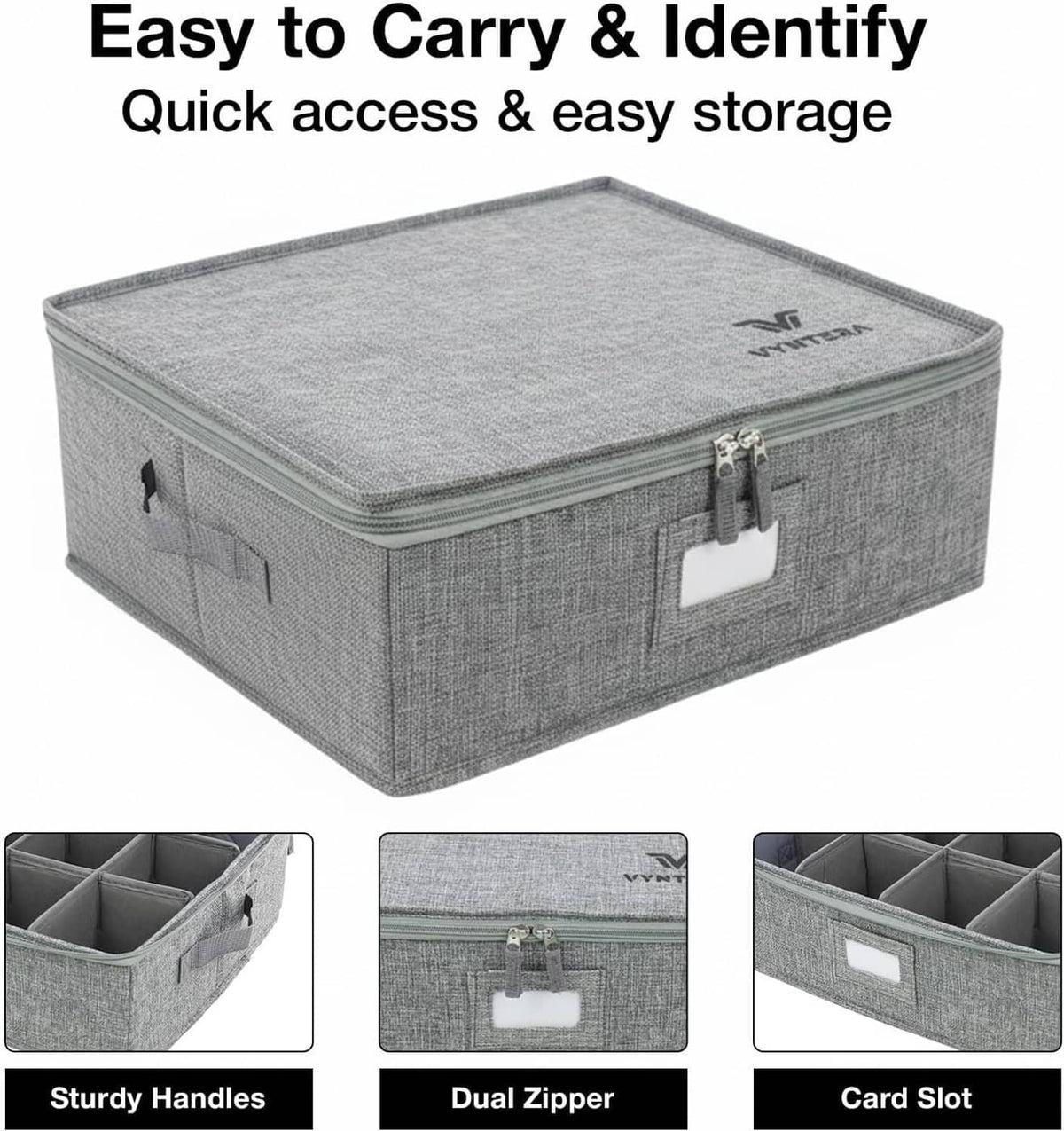 Grey mug storage organizer with dual zipper, side handles, and card slot window