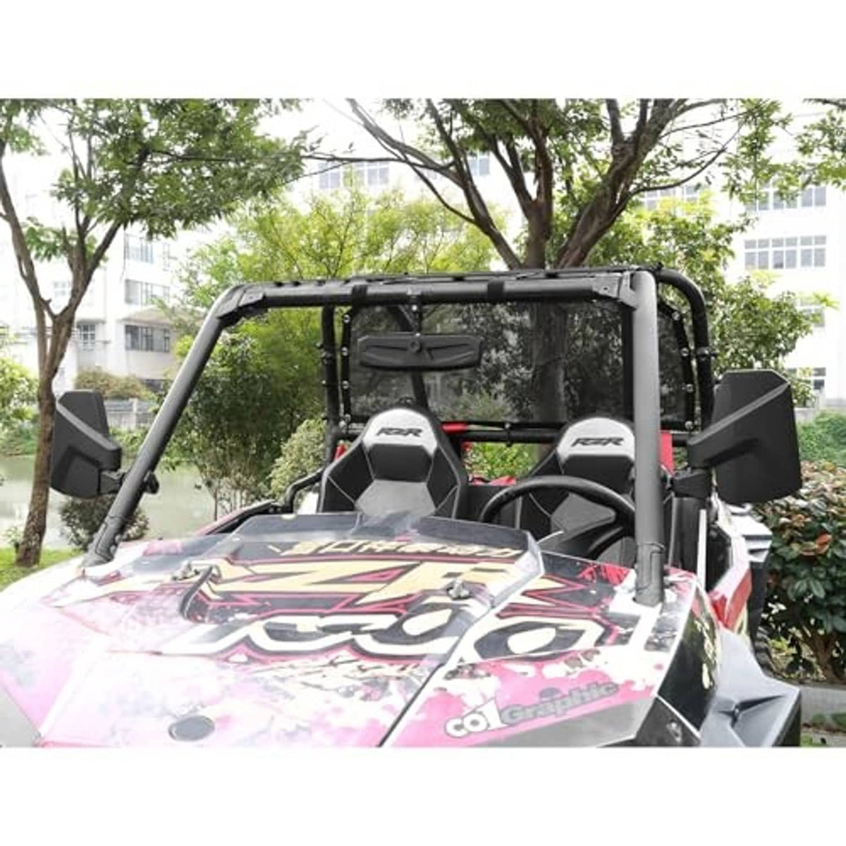 UTV side mirrors installed on roll-cage, showing two black mirrors on the vehicle
