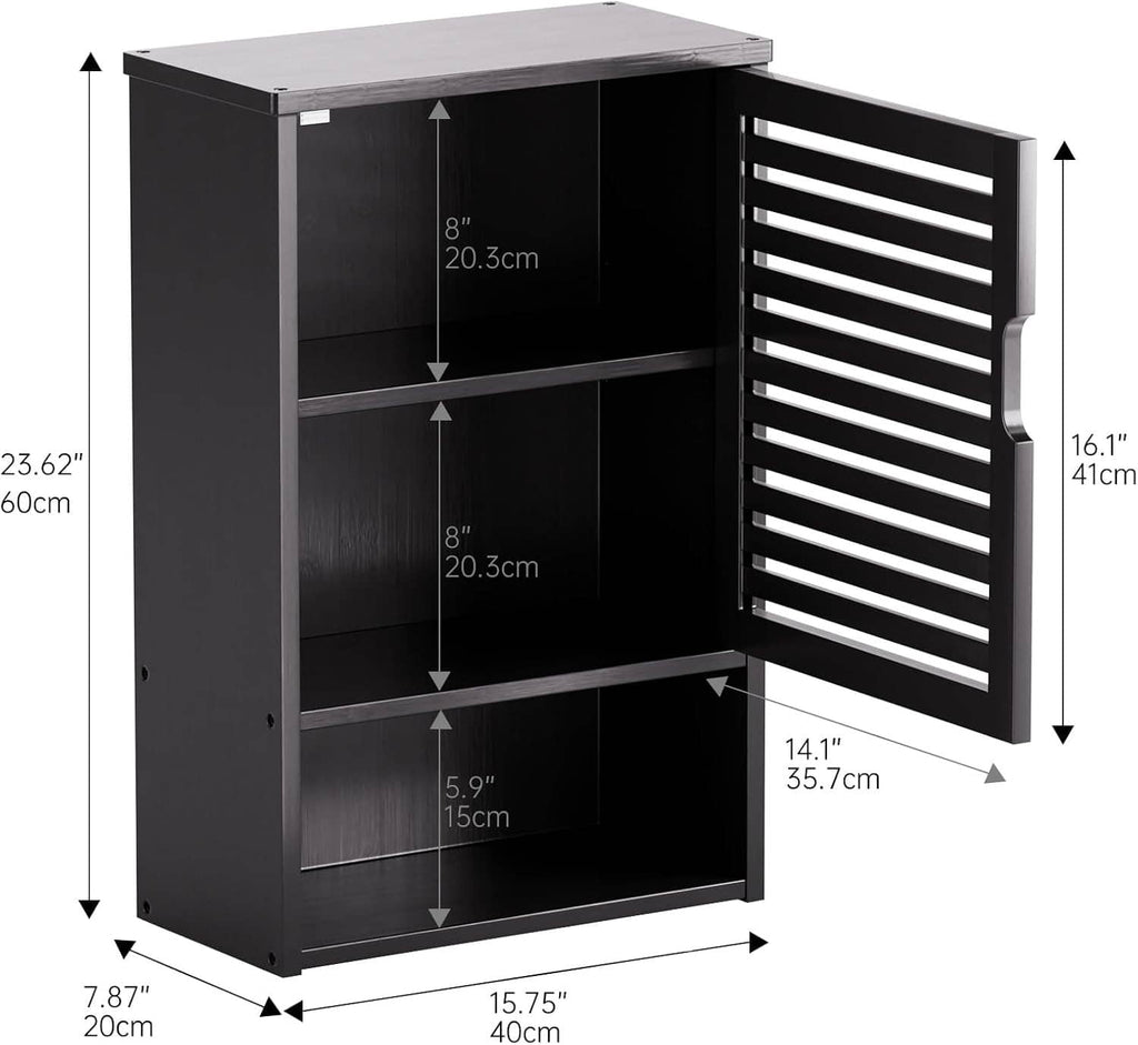 Wall medicine cabinet with adjustable open shelves and slatted door, dark wood look