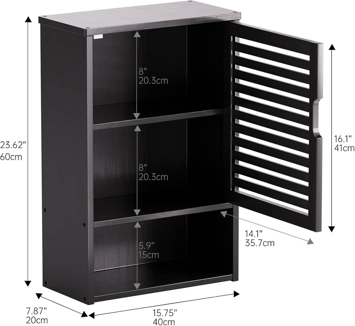 Wall medicine cabinet with adjustable open shelves and slatted door, dark wood look