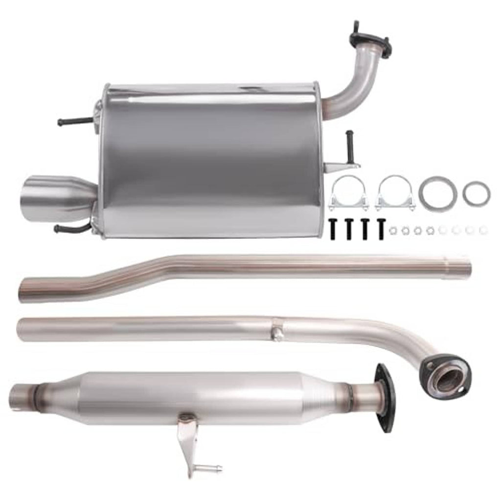 Stainless exhaust resonator muffler with connected exhaust pipes and mounting hardware