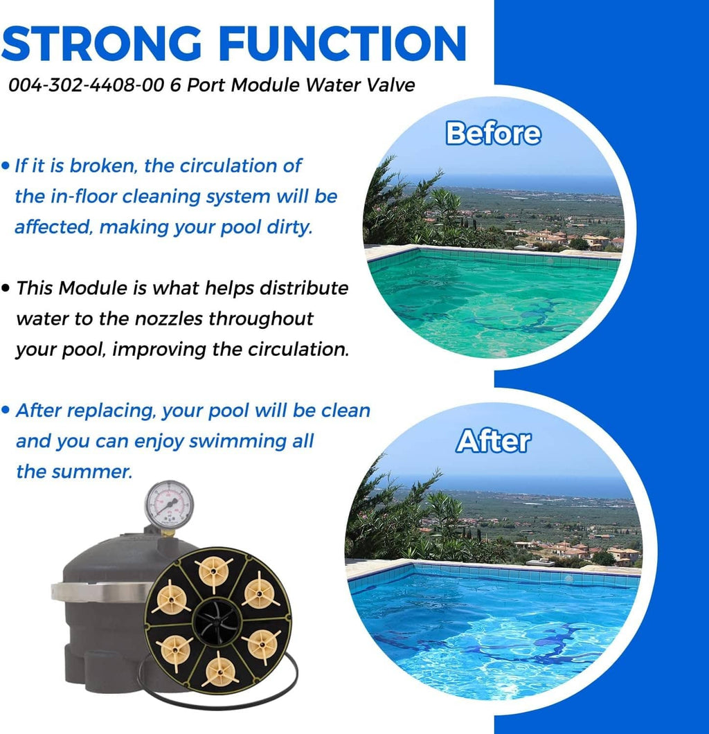6-port water valve module for pool circulation, black unit with beige impellers
