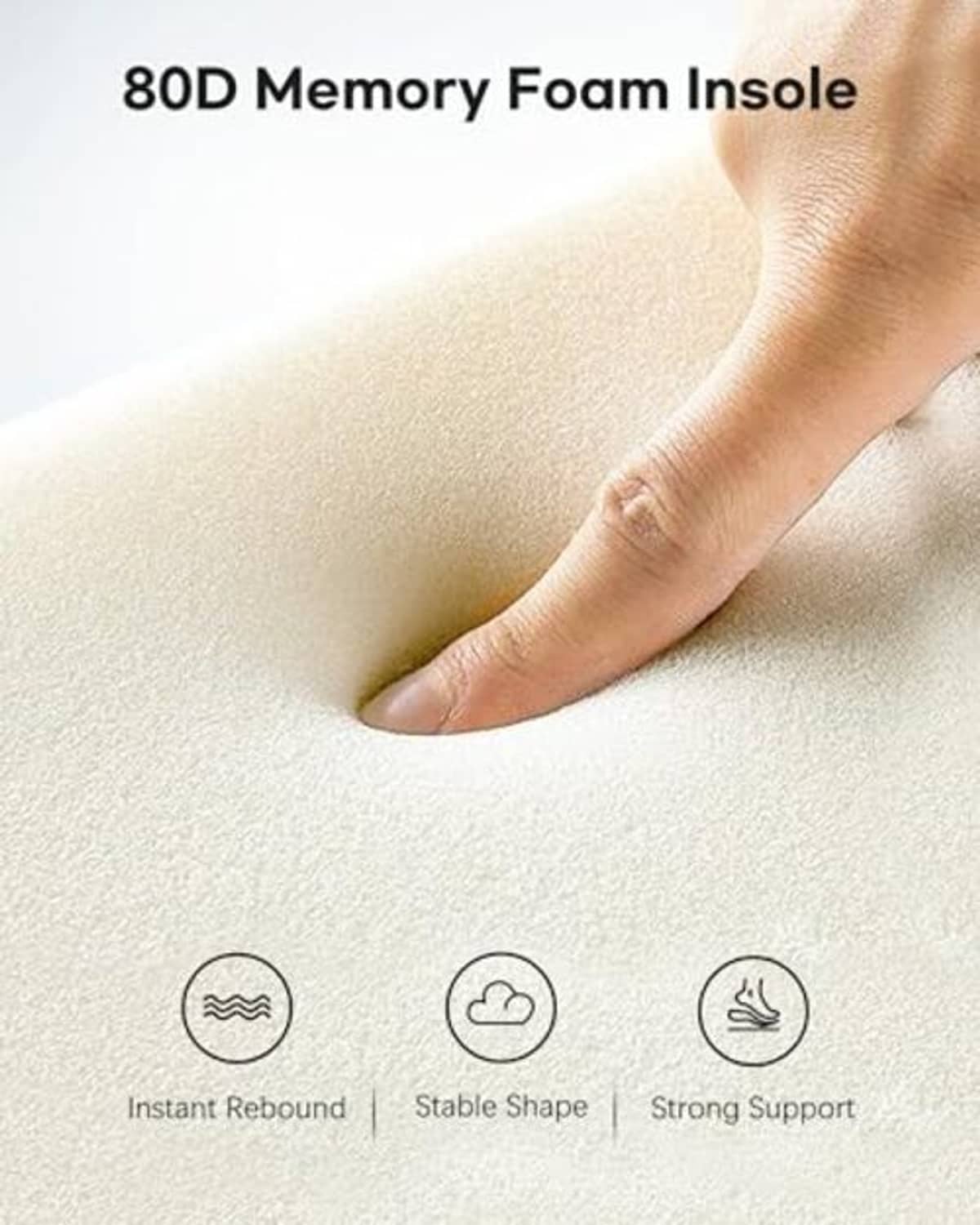 Cushioned memory foam insole, bare foot pressing into soft beige layer