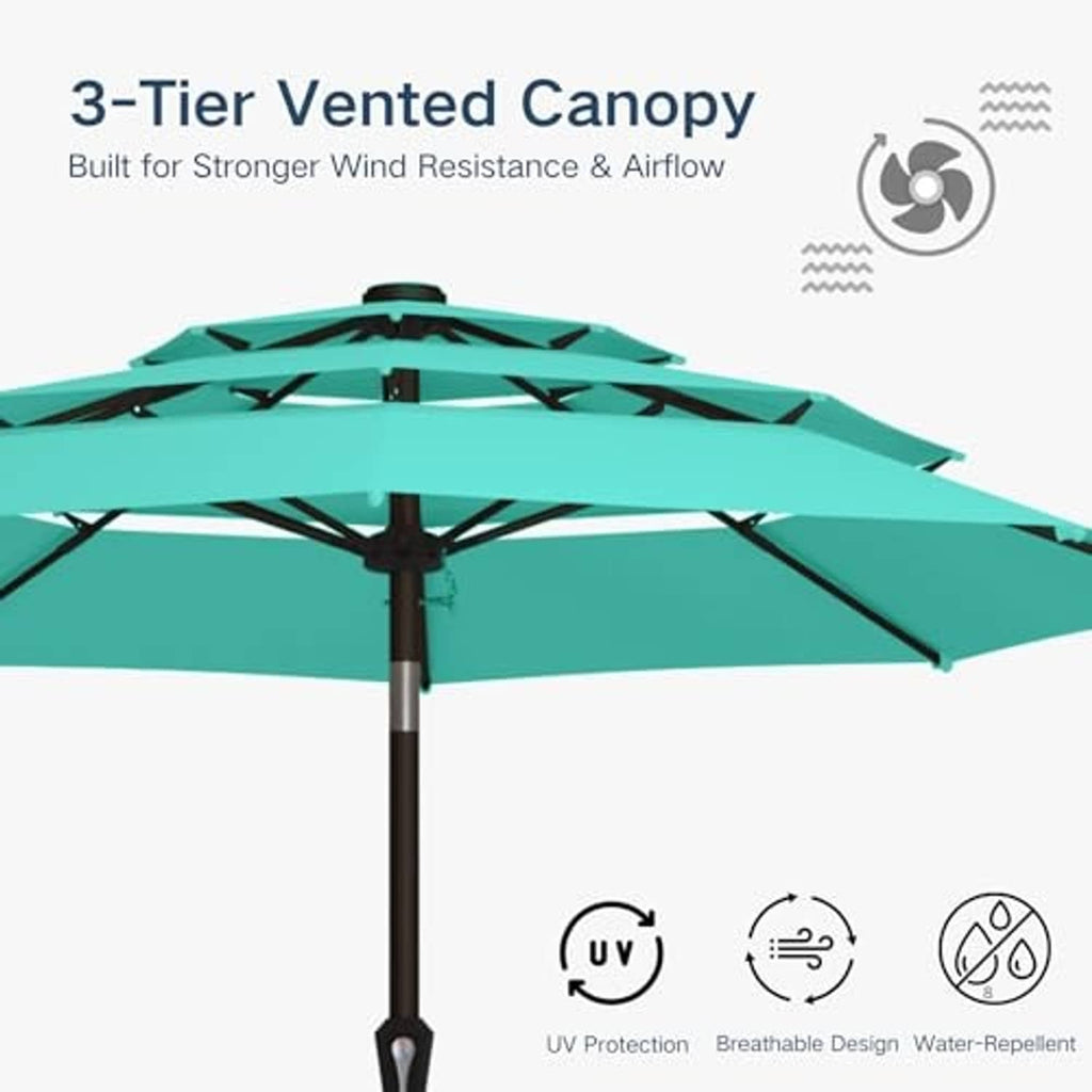 Turquoise three-tier vented canopy umbrella with central pole and ribbed frame