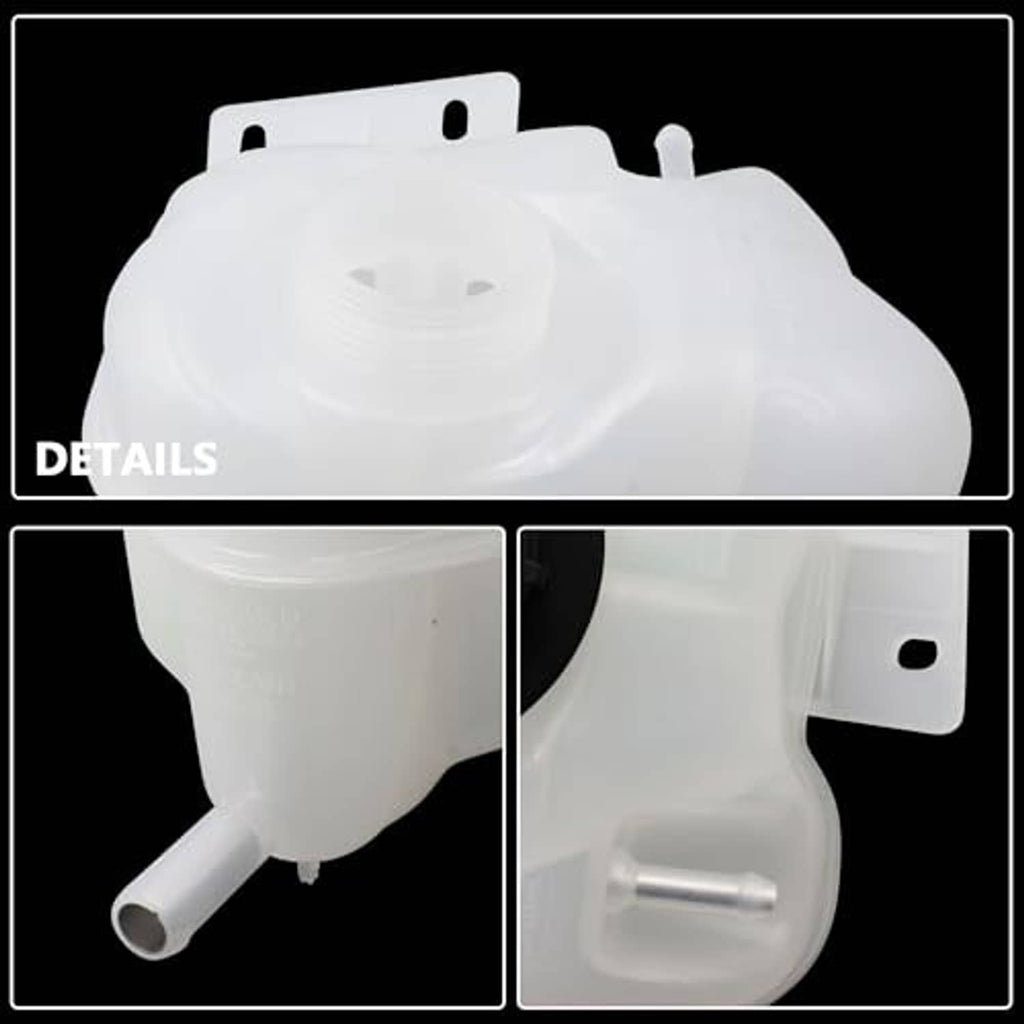 White coolant reservoir with black cap, mounting tabs, and side outlet and port