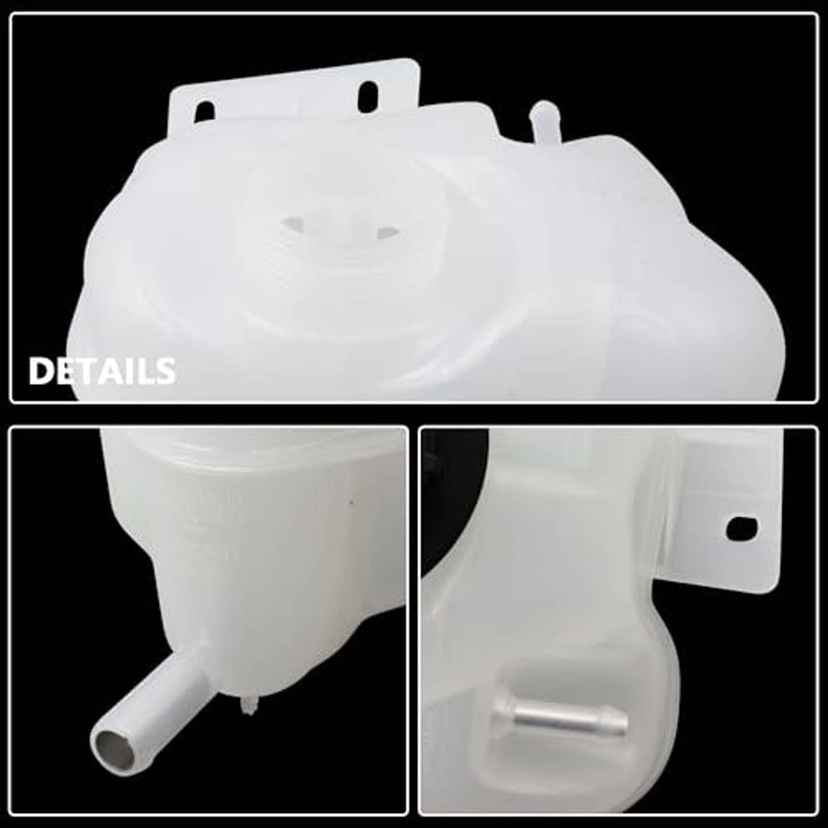 White coolant reservoir with black cap, mounting tabs, and side outlet and port