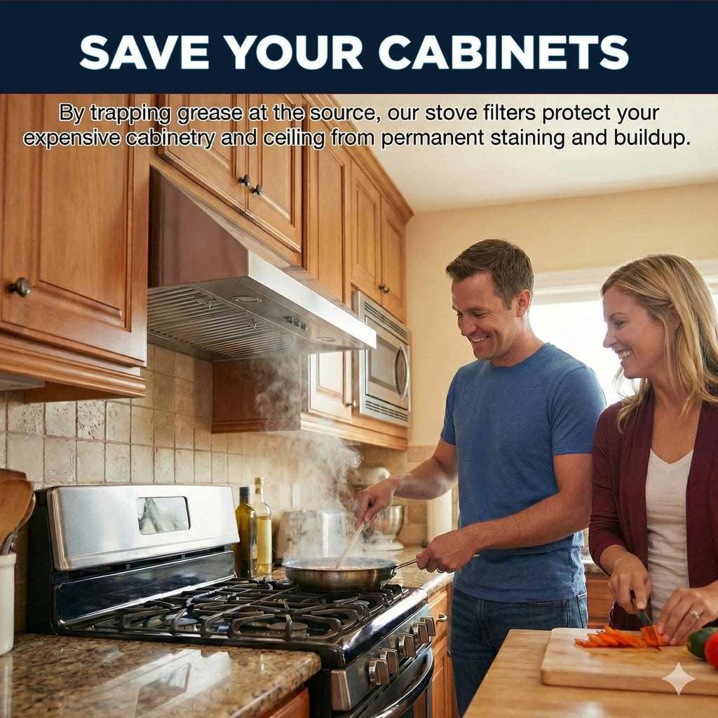 Range hood filter positioned under cabinet to protect surfaces from grease