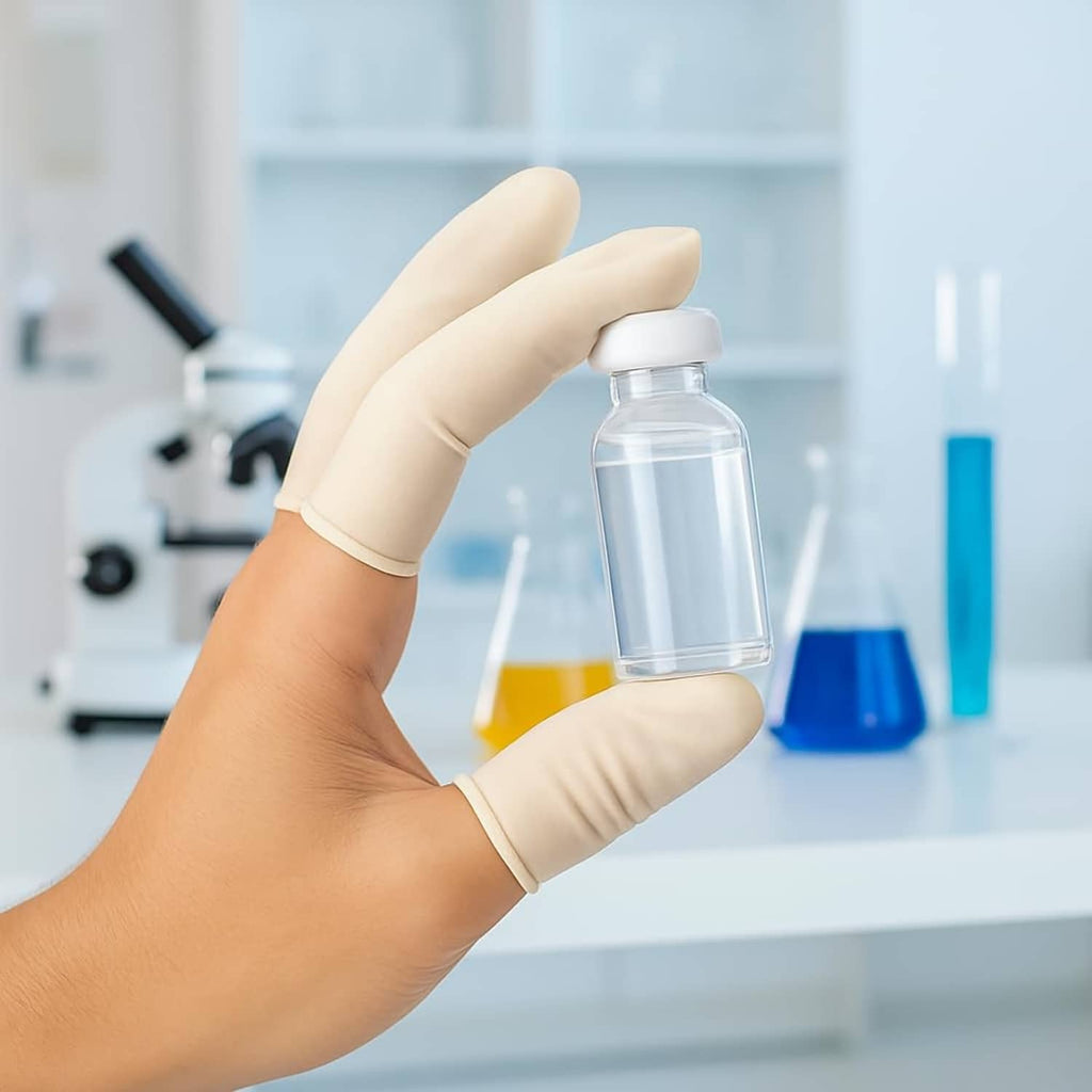 Hand wearing white latex finger cot holding a small bottle with protected fingertips