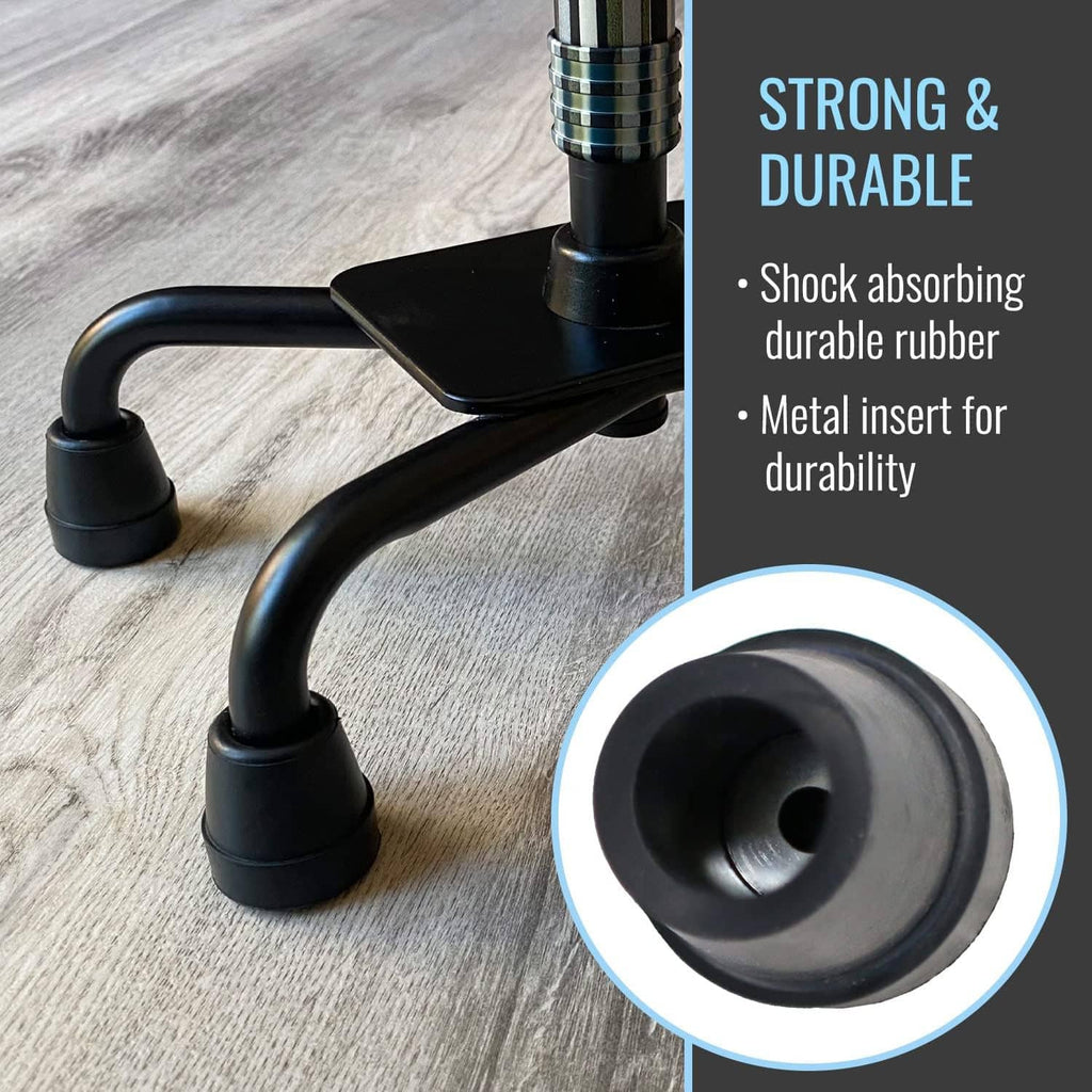 Black quad cane base with four black rubber replacement tips and close-up of one tip