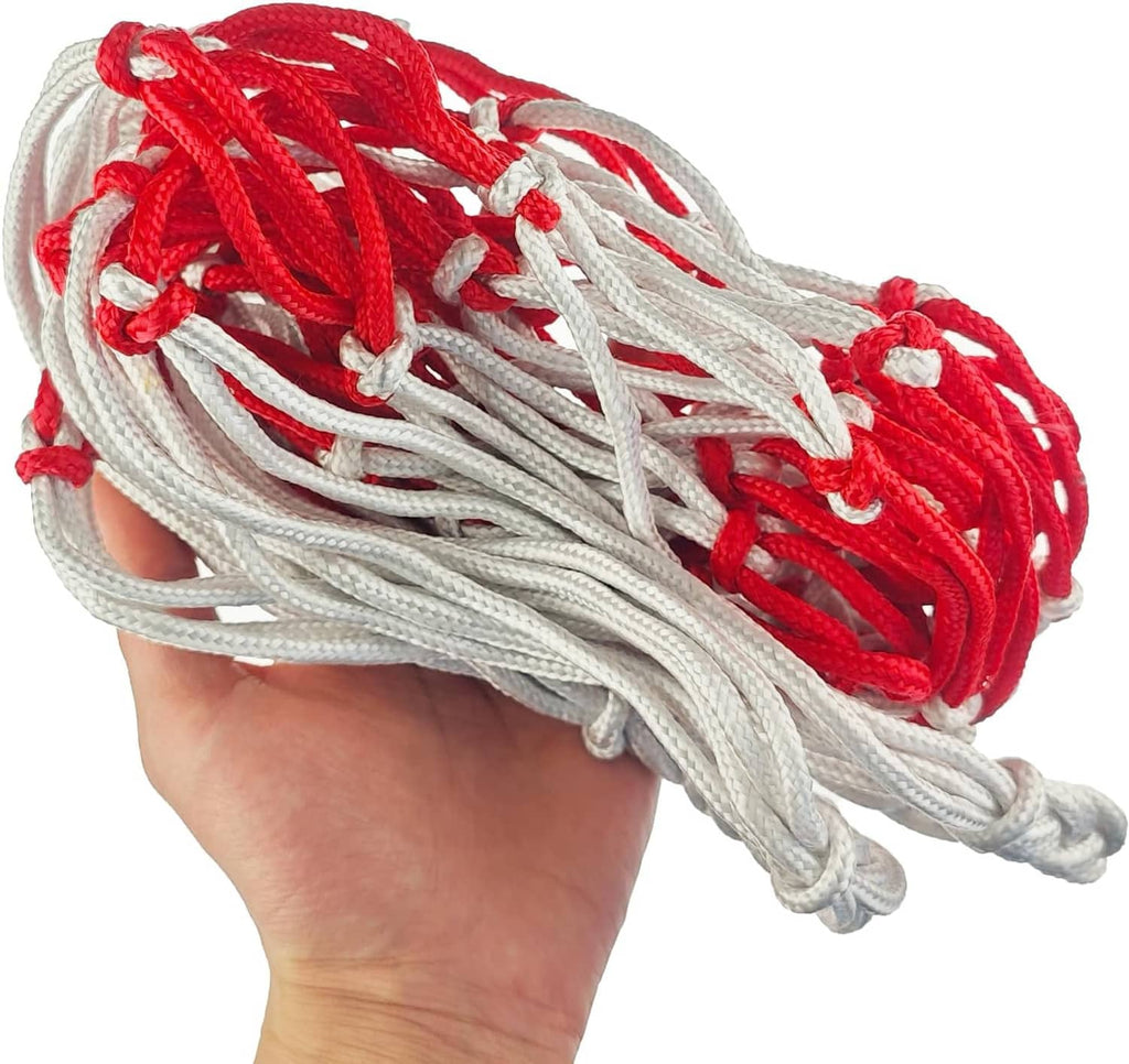 Carboy carrier strap in hand, white rope with red netting loops.
