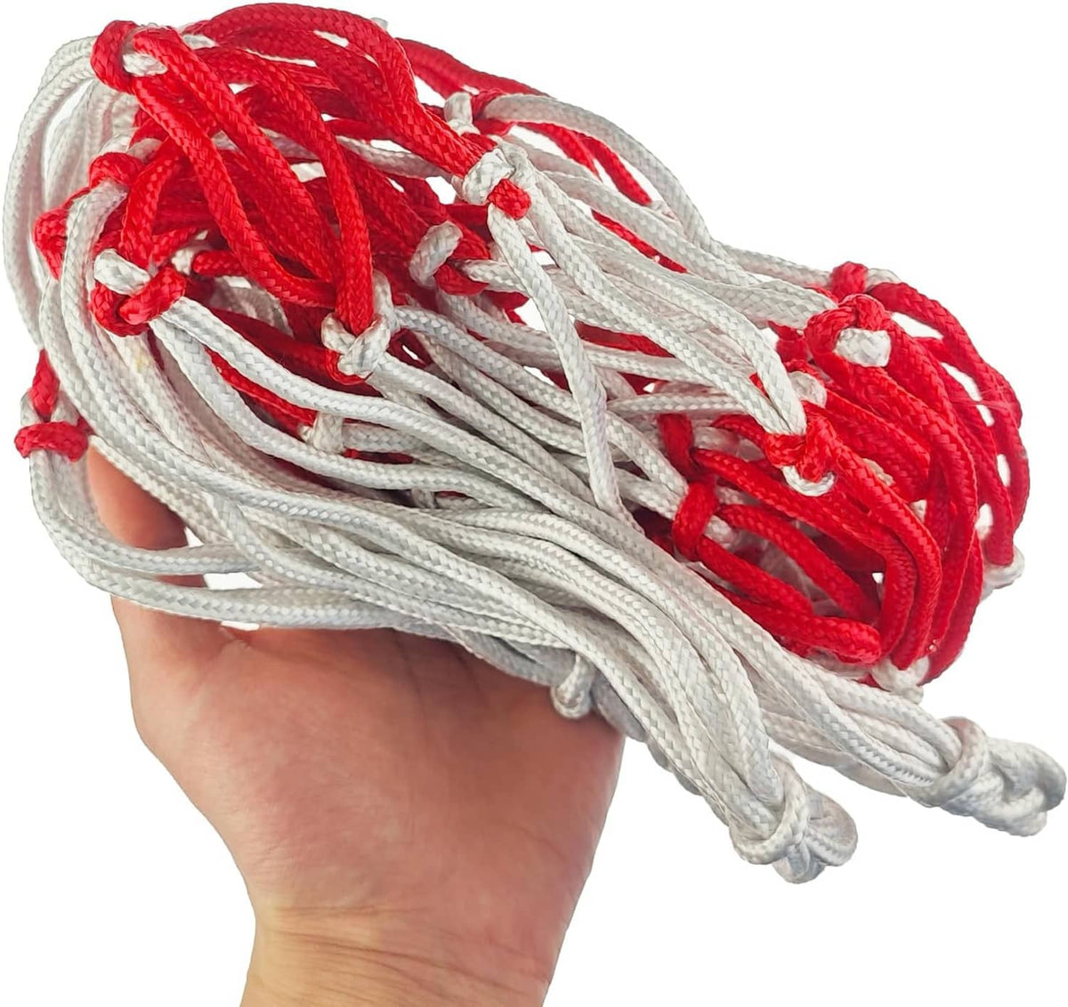 Carboy carrier strap in hand, white rope with red netting loops.