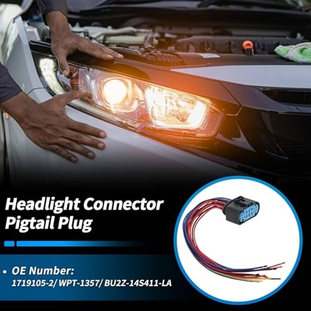 Car headlight with 14-pin headlight connector pigtail plug inset, blue socket and multicolor leads