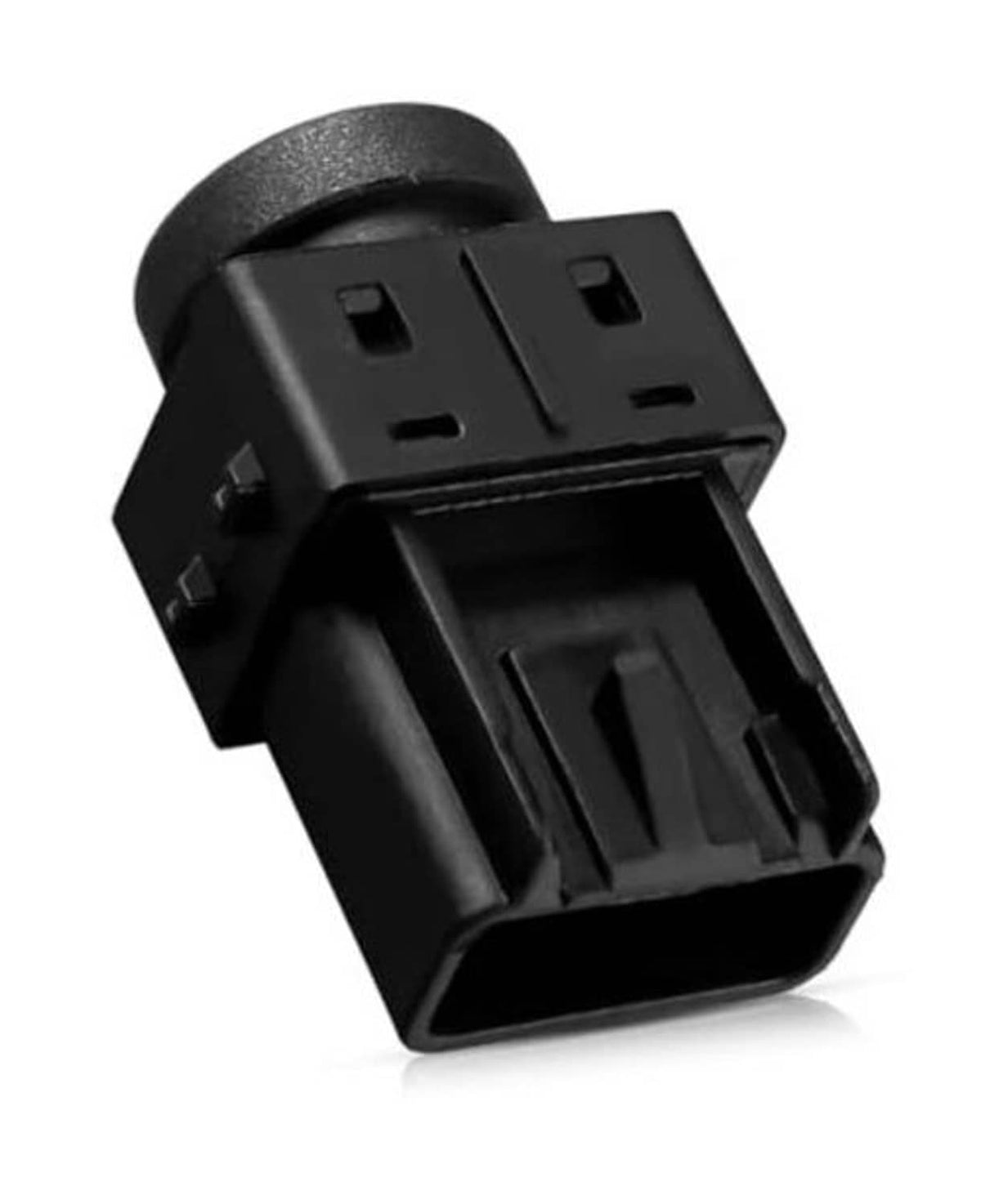 Door lock switch connector, black plastic housing with mounting tabs and plug opening